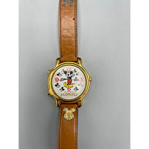 Vintage Lorus Mickey Mouse Quartz Watch Gold Tone Case Leather Band Japan Disney